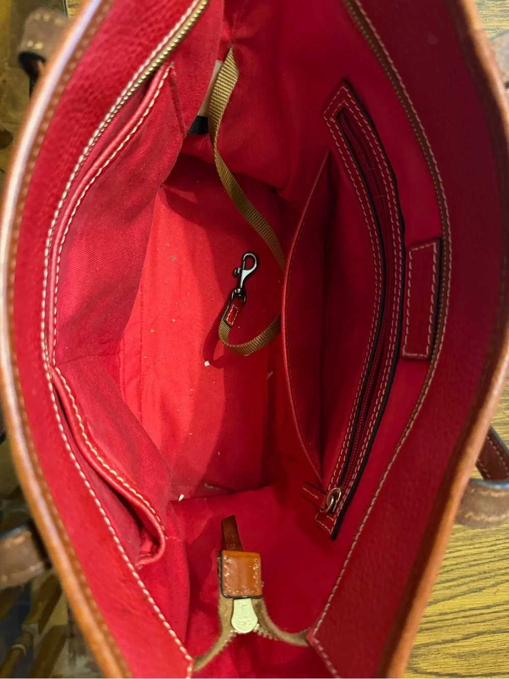 Dooney & Bourke Red Pebble Leather Tote with Brown Trim and Tag